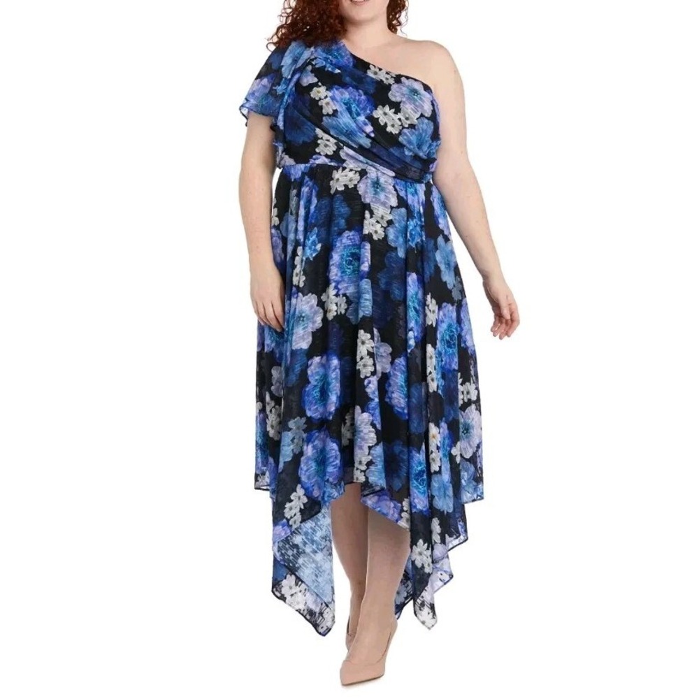 R&M Richards Womens One Shoulder Floral Dress Size 8 Blue Black Fairy Metallic‎